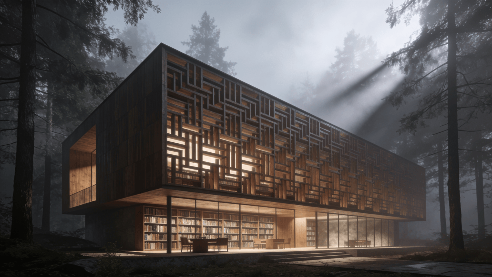 Library with Wooden Lattice — Misty Forest