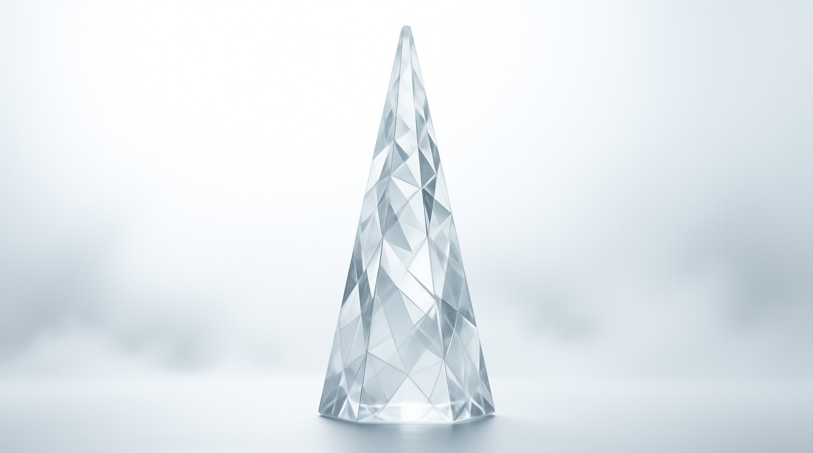 A tall faceted crystal cone stands centered against a plain white background illuminated by soft diffused lighting.
