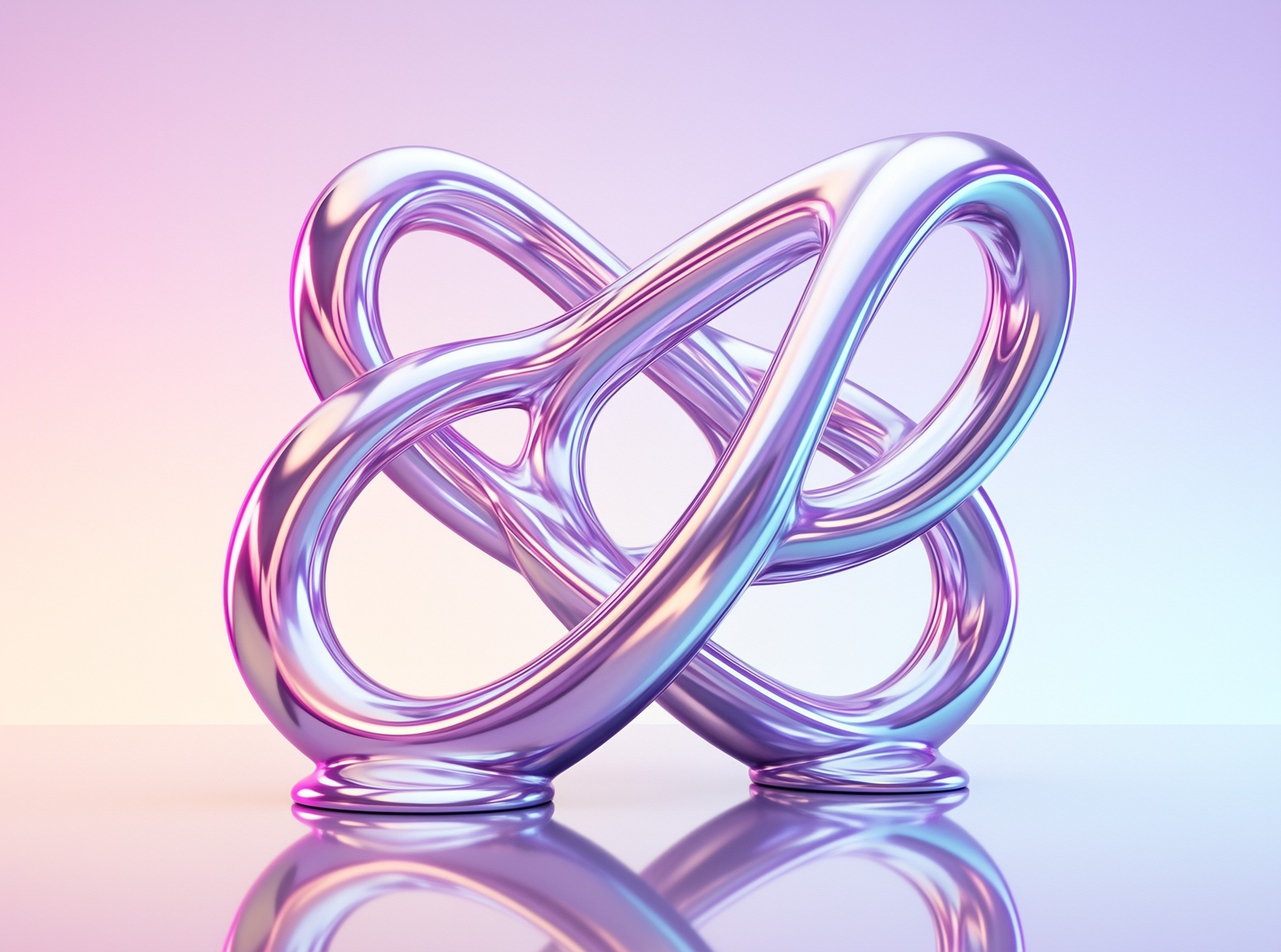 A shiny iridescent chrome infinity sculpture sits on a reflective surface against a soft pastel gradient background.