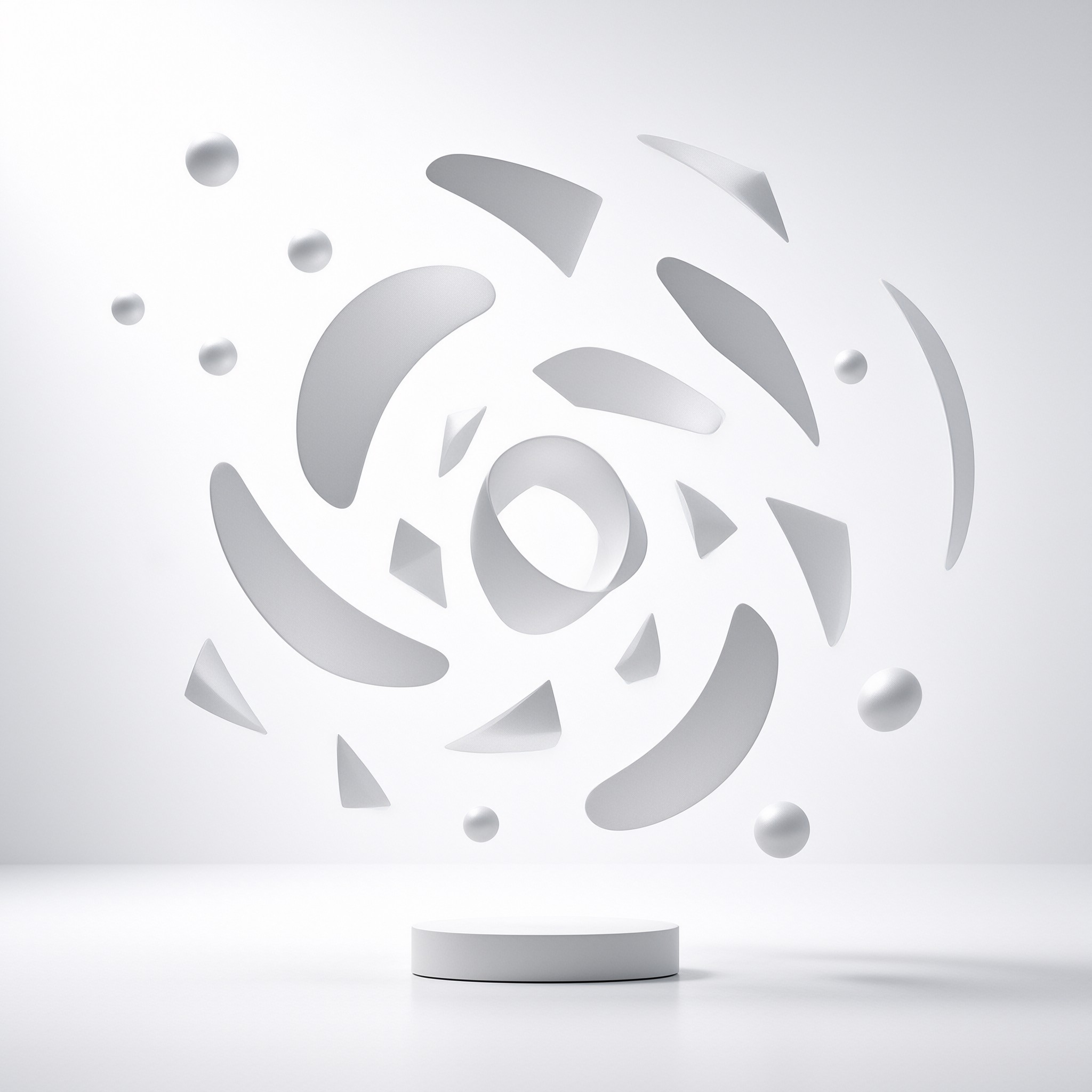 Abstract 3D rendering of white curved fragments and spheres spiraling above a cylindrical pedestal against a minimalist monochromatic background with soft diffuse lighting