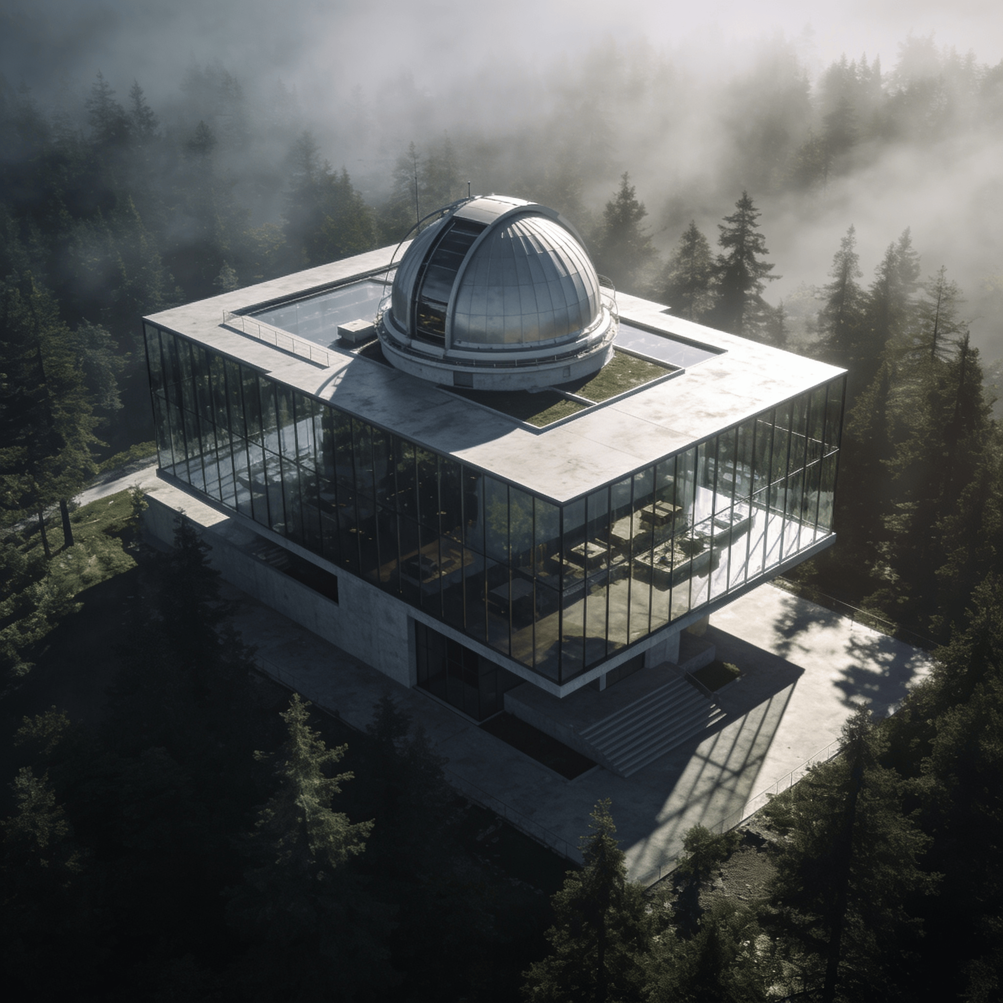 Observatory with Glass Curtain Wall — Misty Forest