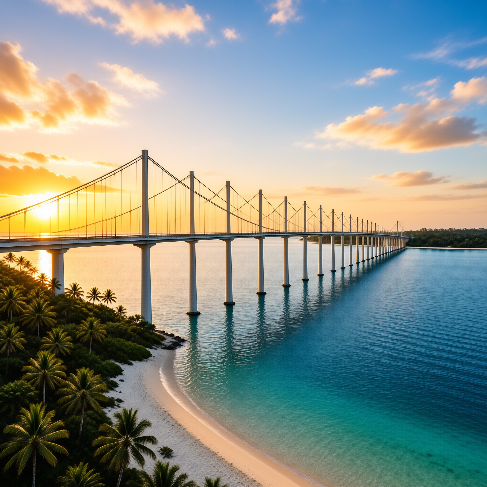A long white suspension bridge stretches across turquoise water near a sandy beach with palm trees under a golden sky.