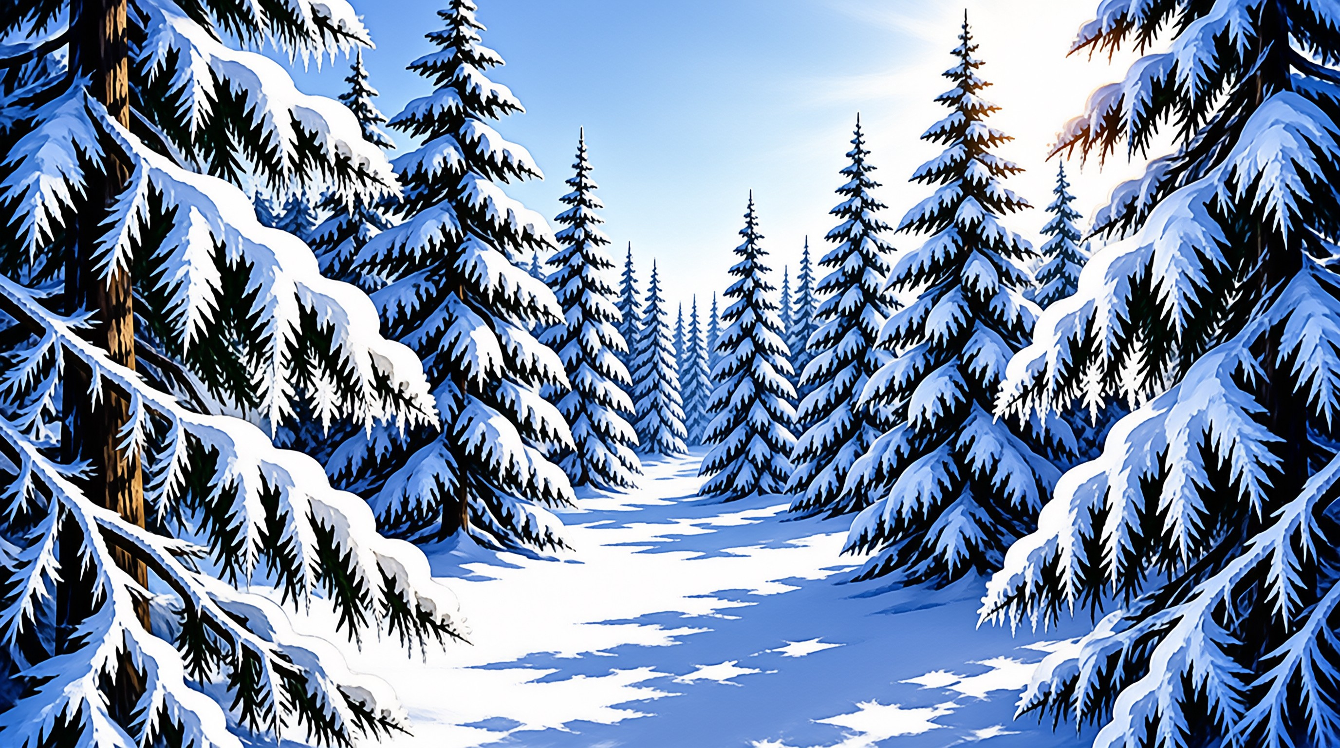A winding snowy trail leads through tall evergreens with deep blue shadows cast across the white ground.