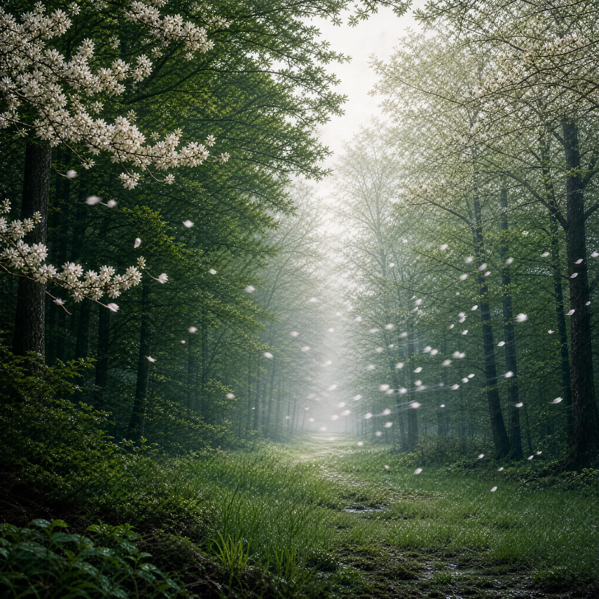 Misty Forest Path with Petals
