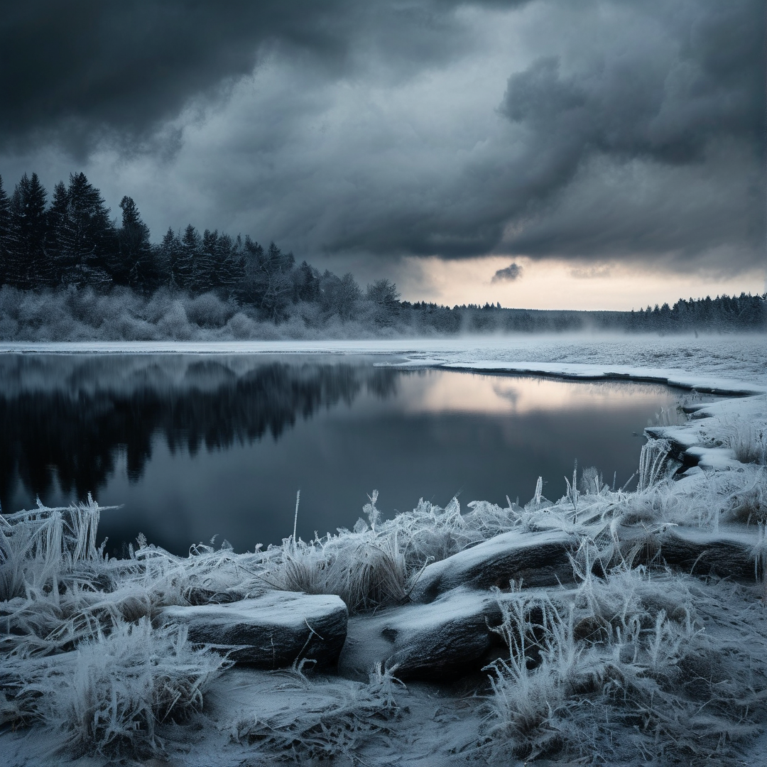 A wide view of a calm body of water partially covered in ice and bordered by frosted vegetation, set against a backdrop of dark clouds and distant trees.