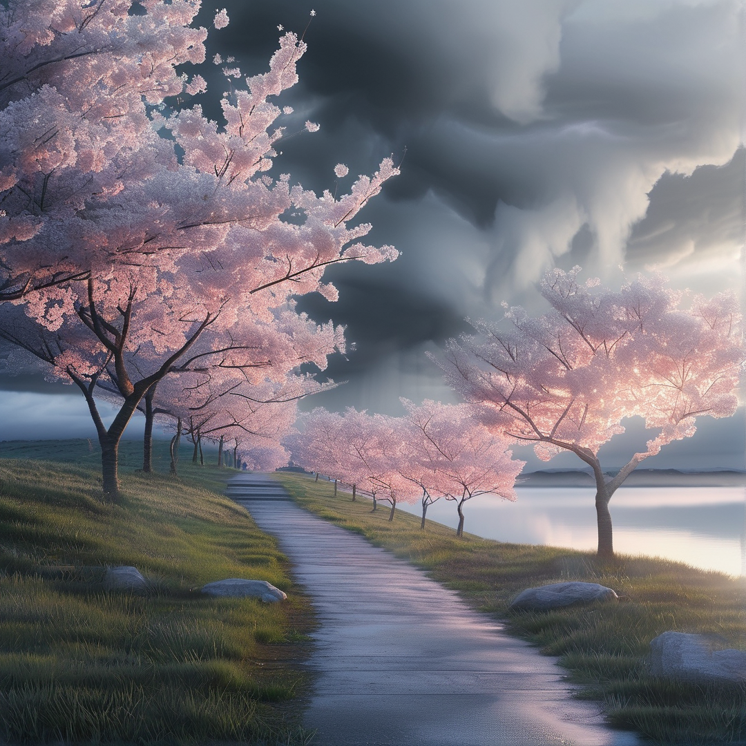 Cherry Blossom Path by Lake