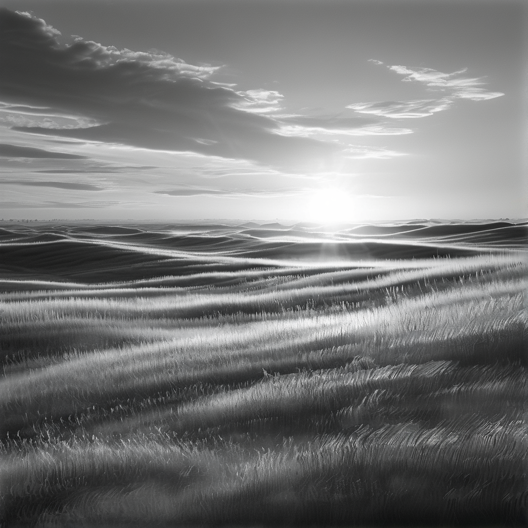Monochromatic view of rolling grassy hills illuminated by a low sun casting long shadows across the terrain.