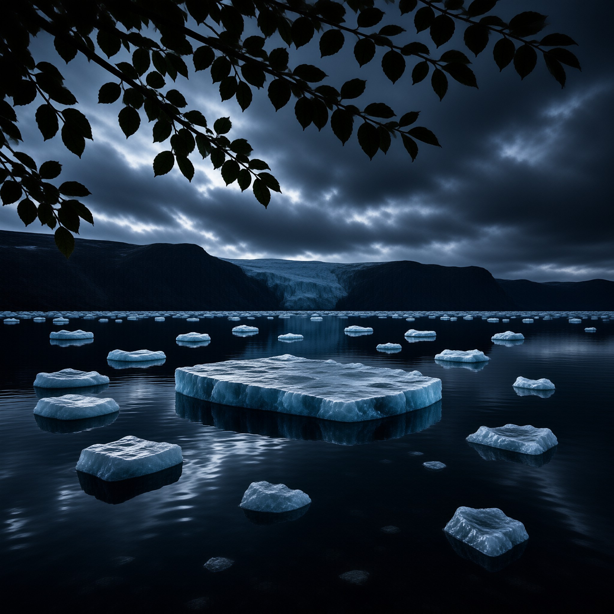 A large flat slab of ice floats among smaller chunks in a dark lake under a cloudy sky framed by overhanging leaves.