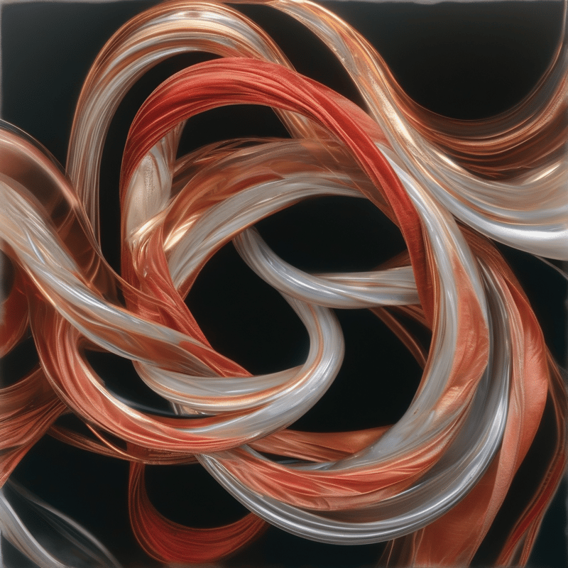 Shiny copper and silver ribbons twist together against a deep black background with soft lighting.