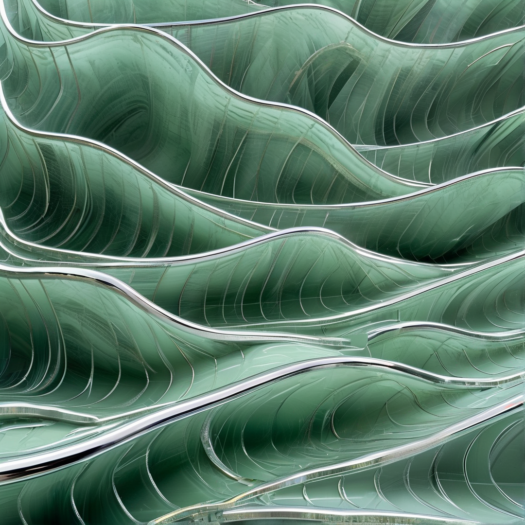 Layered wavy polished green glass panels have bright silver edges and show swirled texture in soft even lighting