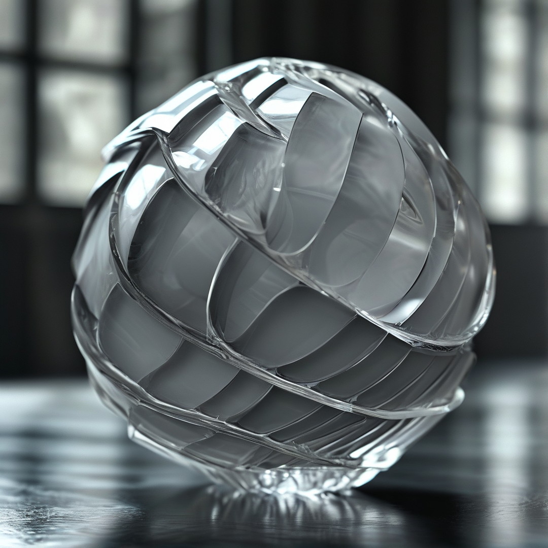 A translucent twisted glass sphere ornament rests on a dark reflective tabletop with soft blurred window light behind it