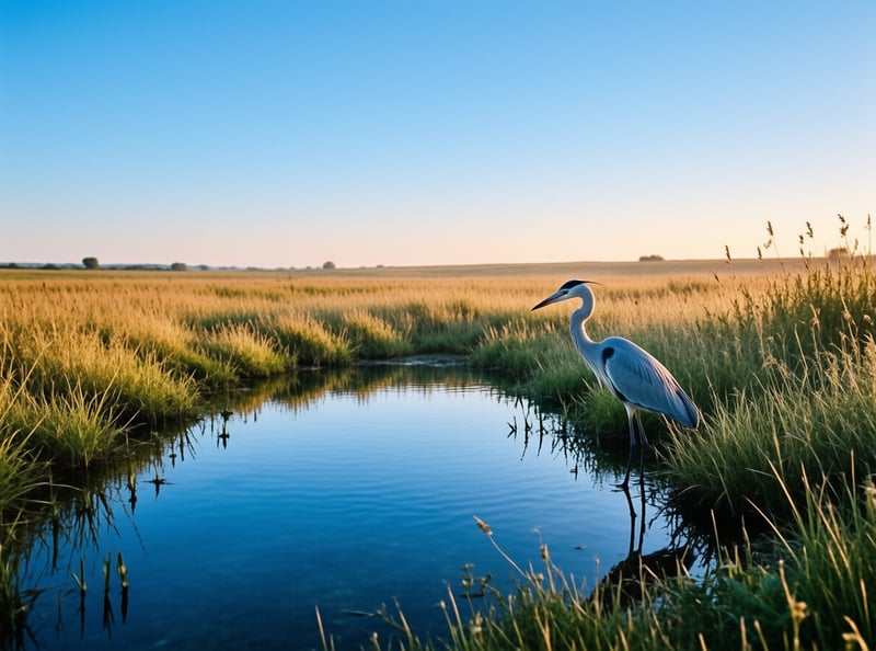 A grey heron stands tall in a small pool of water surrounded by tall golden grass under a clear blue sky during sunset.