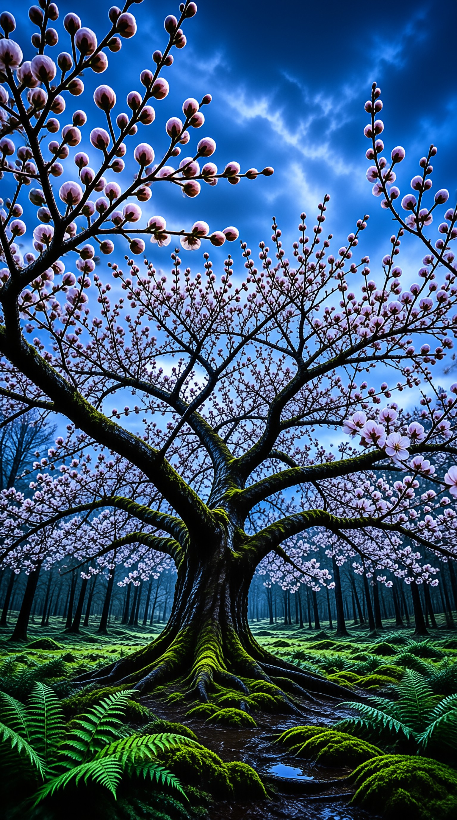 Ancient wood covered in pale flowers stands amidst green moss and ferns beneath a cloudy blue expanse.