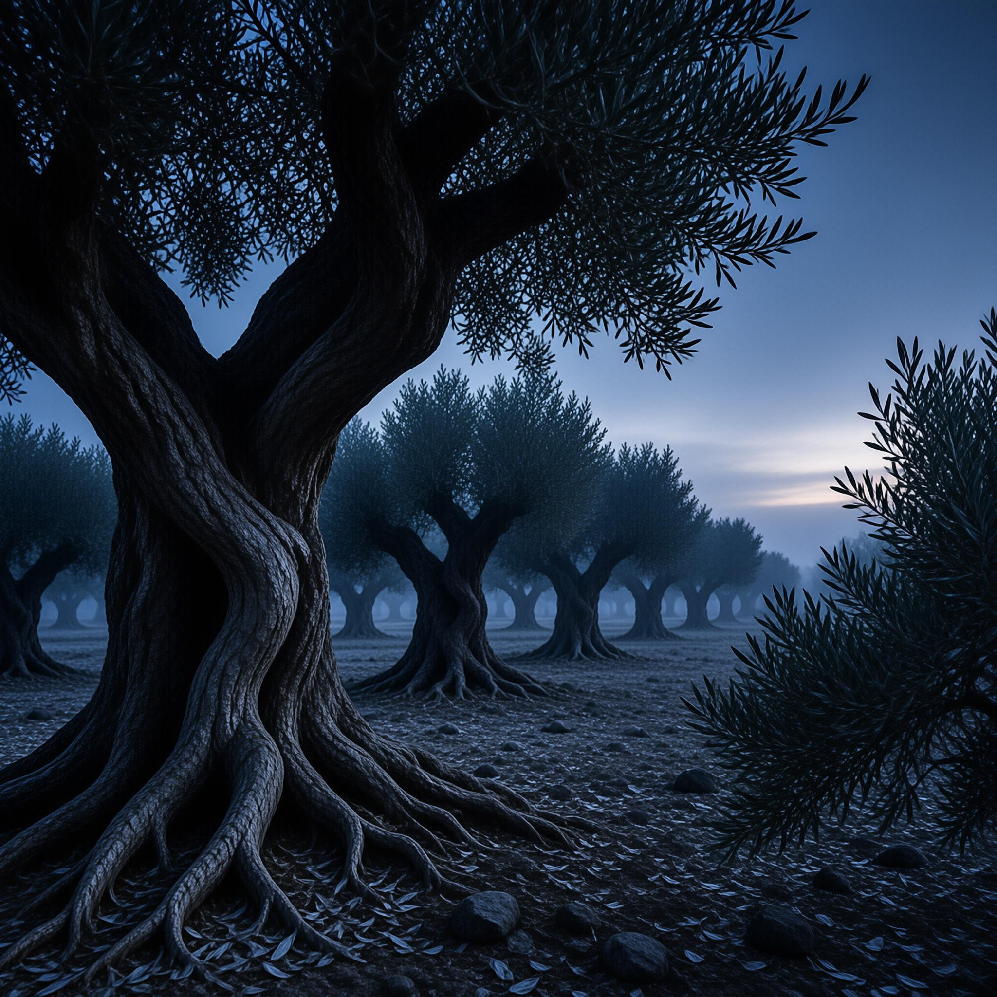 Twisted olive trunks rise from rocky ground in a grove where distant trees fade into cool blue twilight fog.