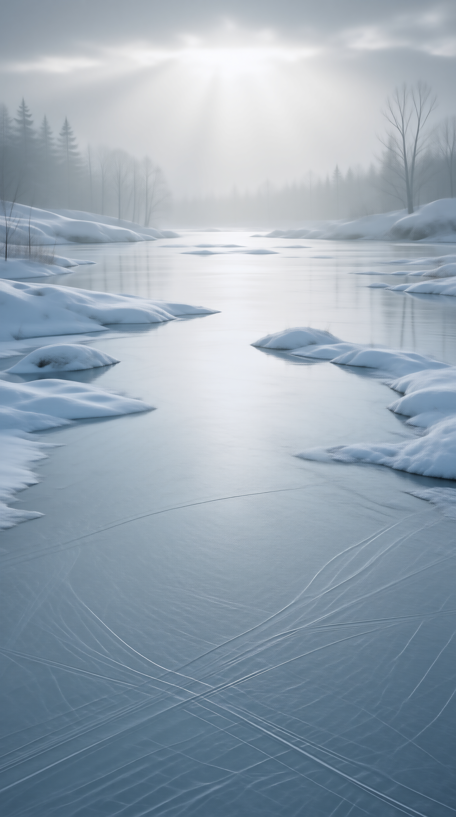 Frozen River in Misty Forest