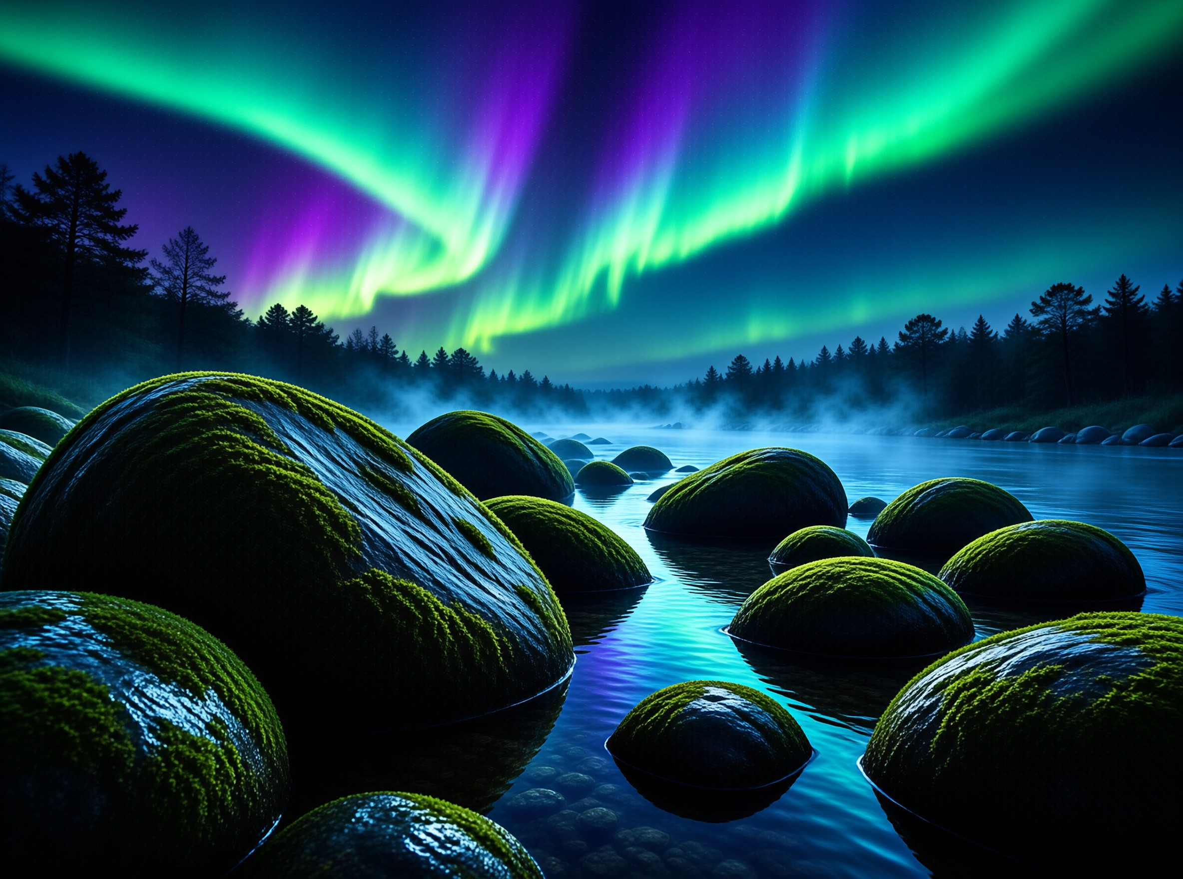 Aurora Over Mossy River