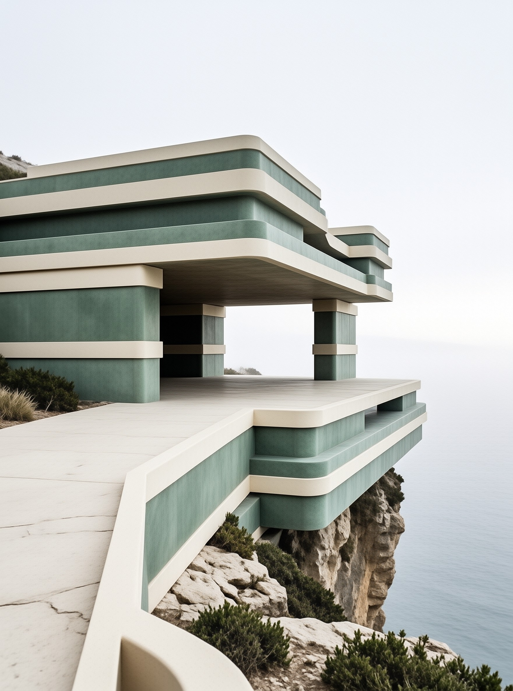 A layered green and cream cantilevered villa perches on a rocky coastal cliff in soft overcast light, ringed by low scrub.