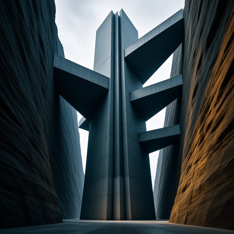 Low angle shot of an angular grey futuristic bridge spanning a steep rocky canyon, with cool lighting and stark geometric hard lines.