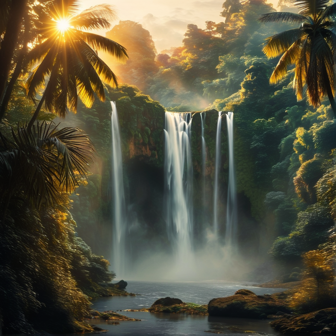Sunlit Tropical Waterfall