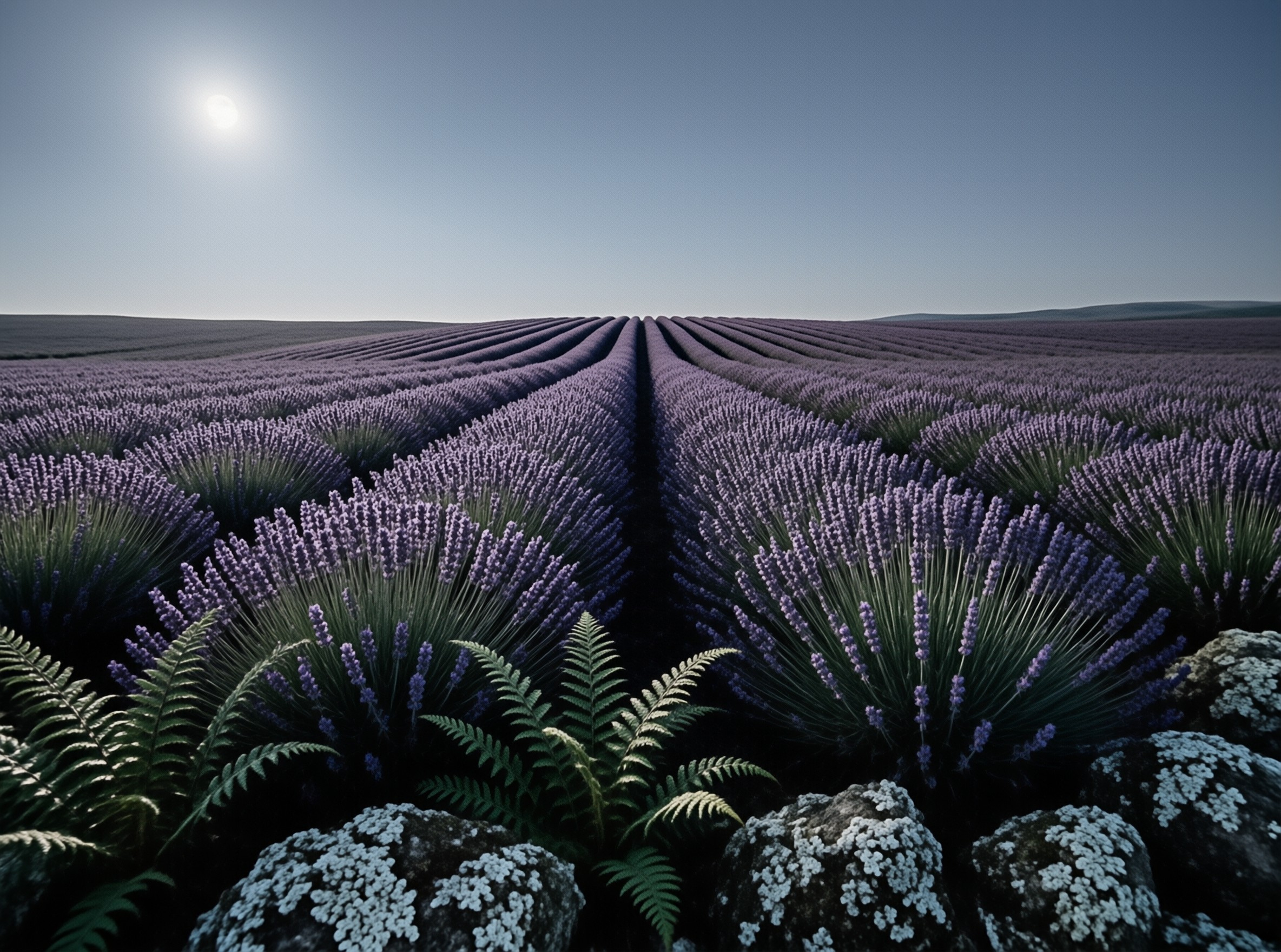 Rows of purple lavender stretch toward the horizon while green ferns and lichen-covered stones sit in the foreground.