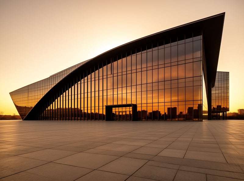 A sweeping angular glass building mirrors a warm sunset sky above an empty stone paved plaza.