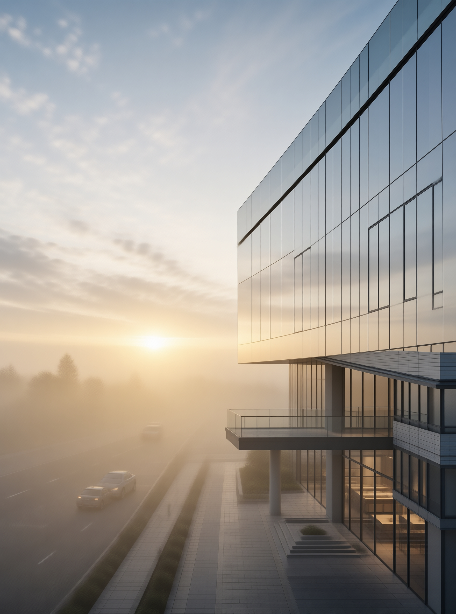Modern Glass Building at Sunrise