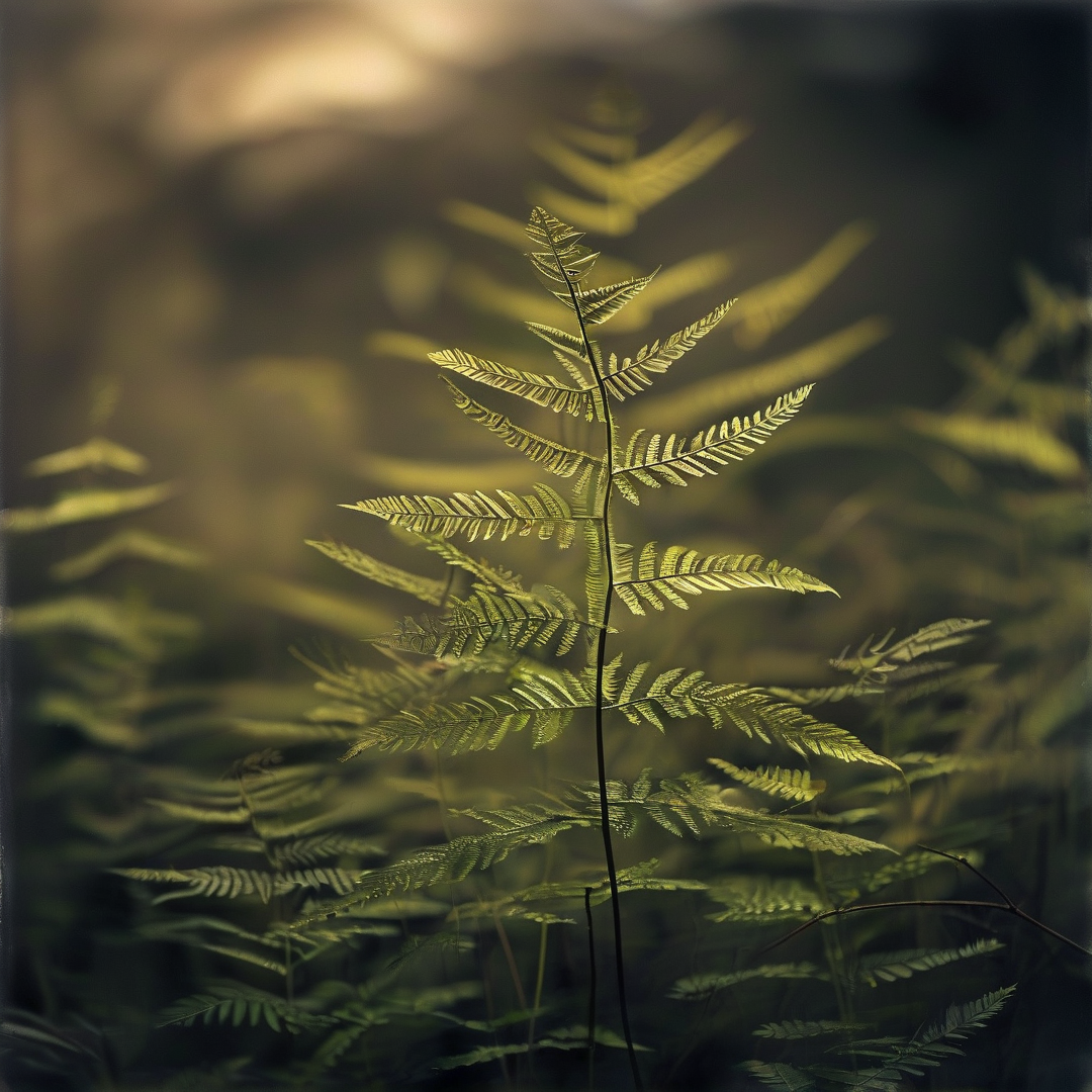 A slender fern frond rises vertically with bright green leaves contrasting against a soft, shadowy woodland background.
