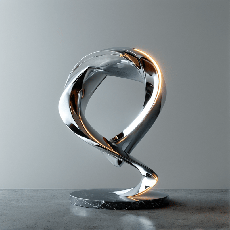 A twisted loop of polished chrome stands on a black marble base against a plain grey wall with warm reflections.