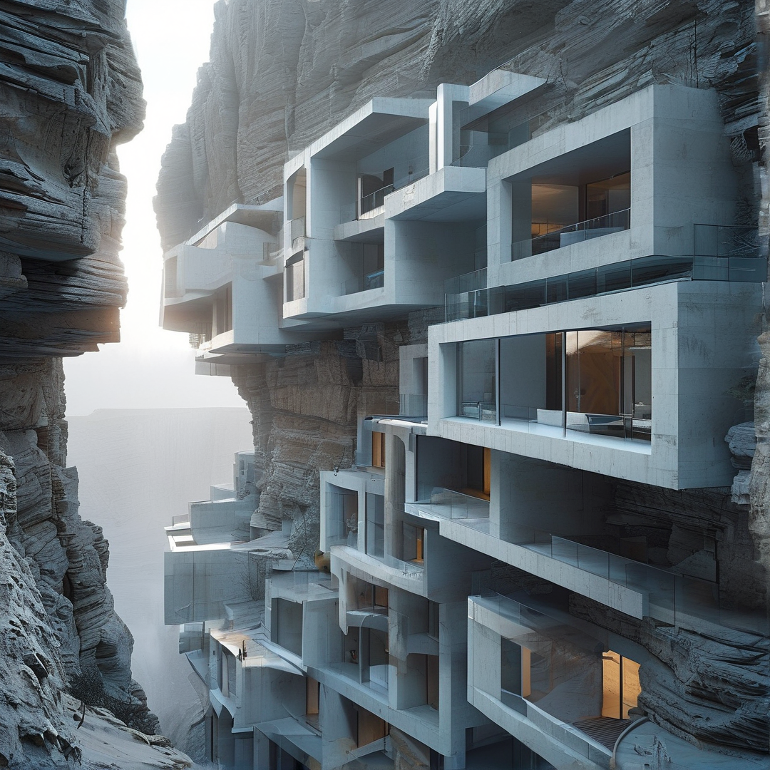 Stacked white cubic structures protrude from a rugged cliff face with soft misty light.