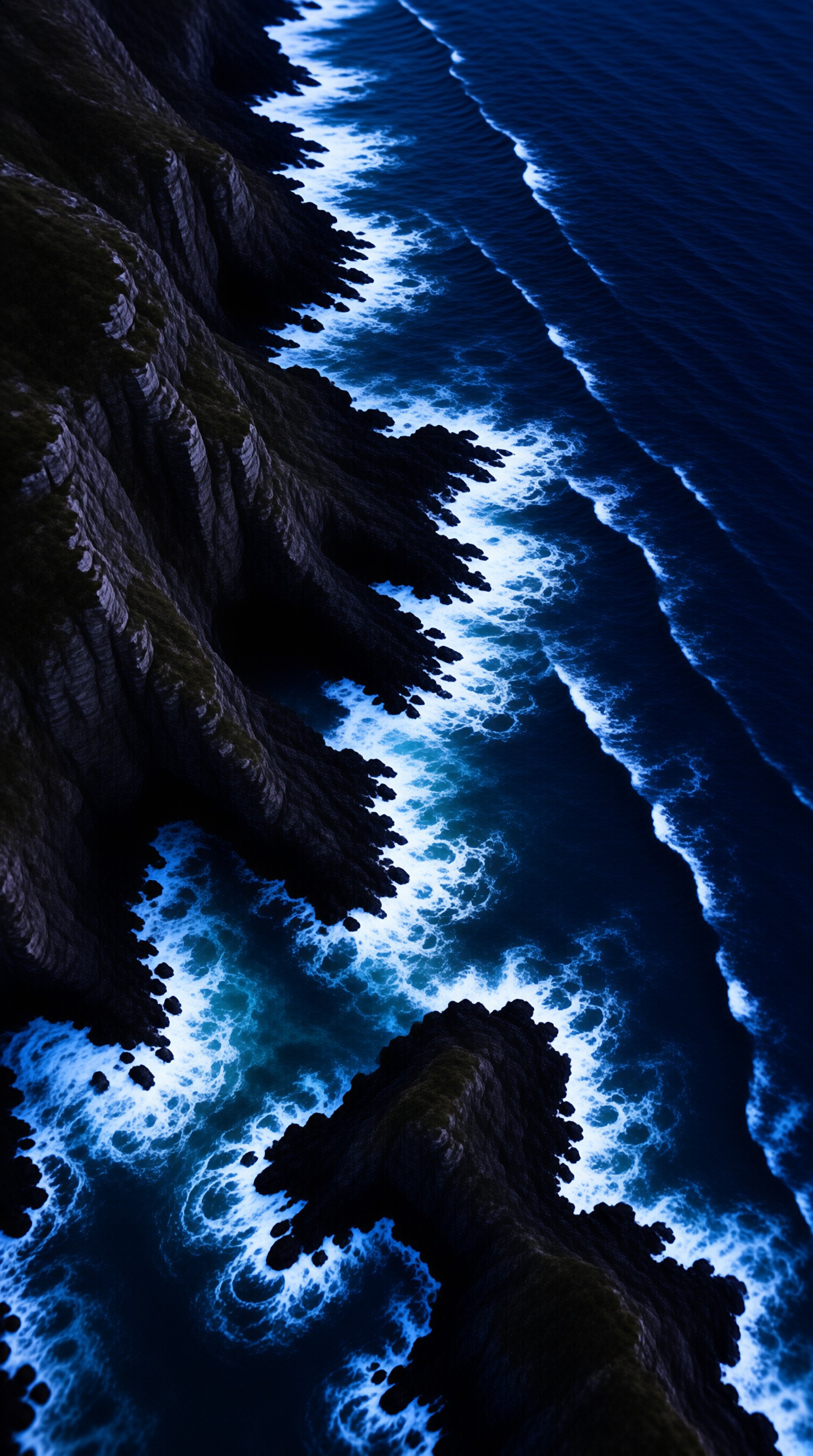 An overhead view of foaming indigo waves sweeping past jagged dark cliffs and a narrow rocky point at dusk.