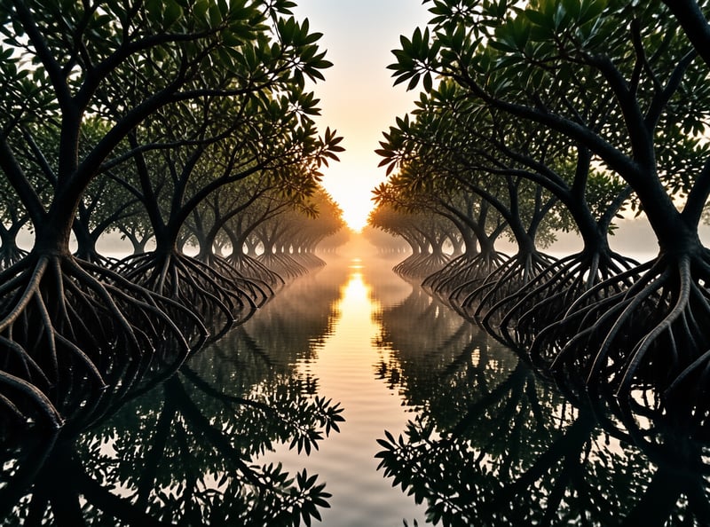 Rows of mangrove trees with tangled roots line a calm channel as the rising sun mirrors along the still water