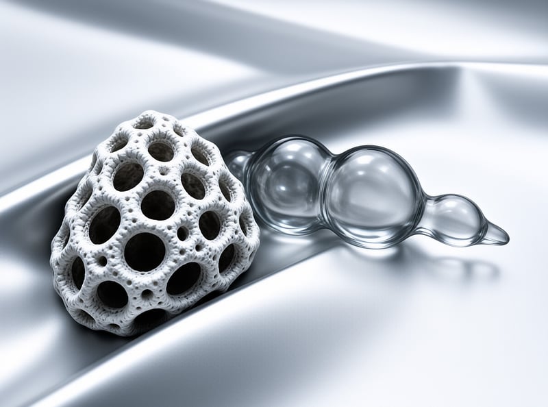 A perforated white ceramic shape sits next to a smooth transparent glass form on softly rippled pale fabric.