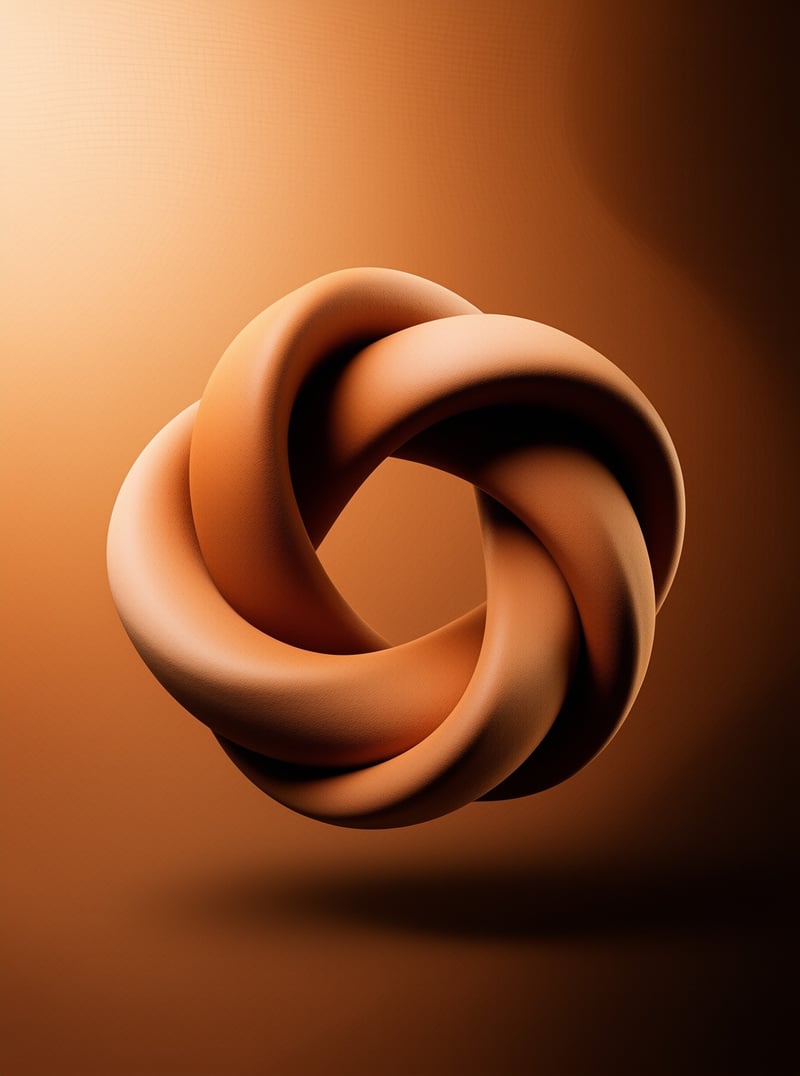 A smooth brown 3D knot sculpture floats against a warm orange gradient background with soft shadows.