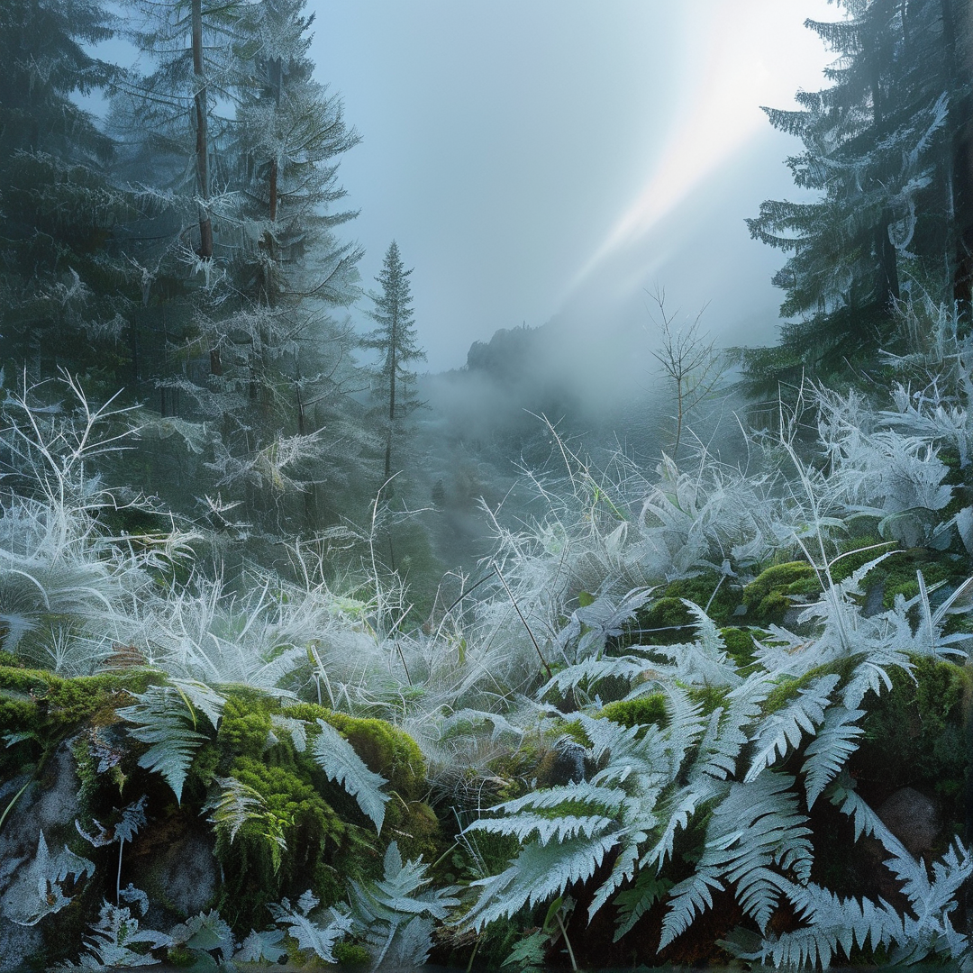 Tall coniferous trees stand behind a thicket of ferns covered in white frost while bright rays of sunlight cut through the heavy blue fog in the background.