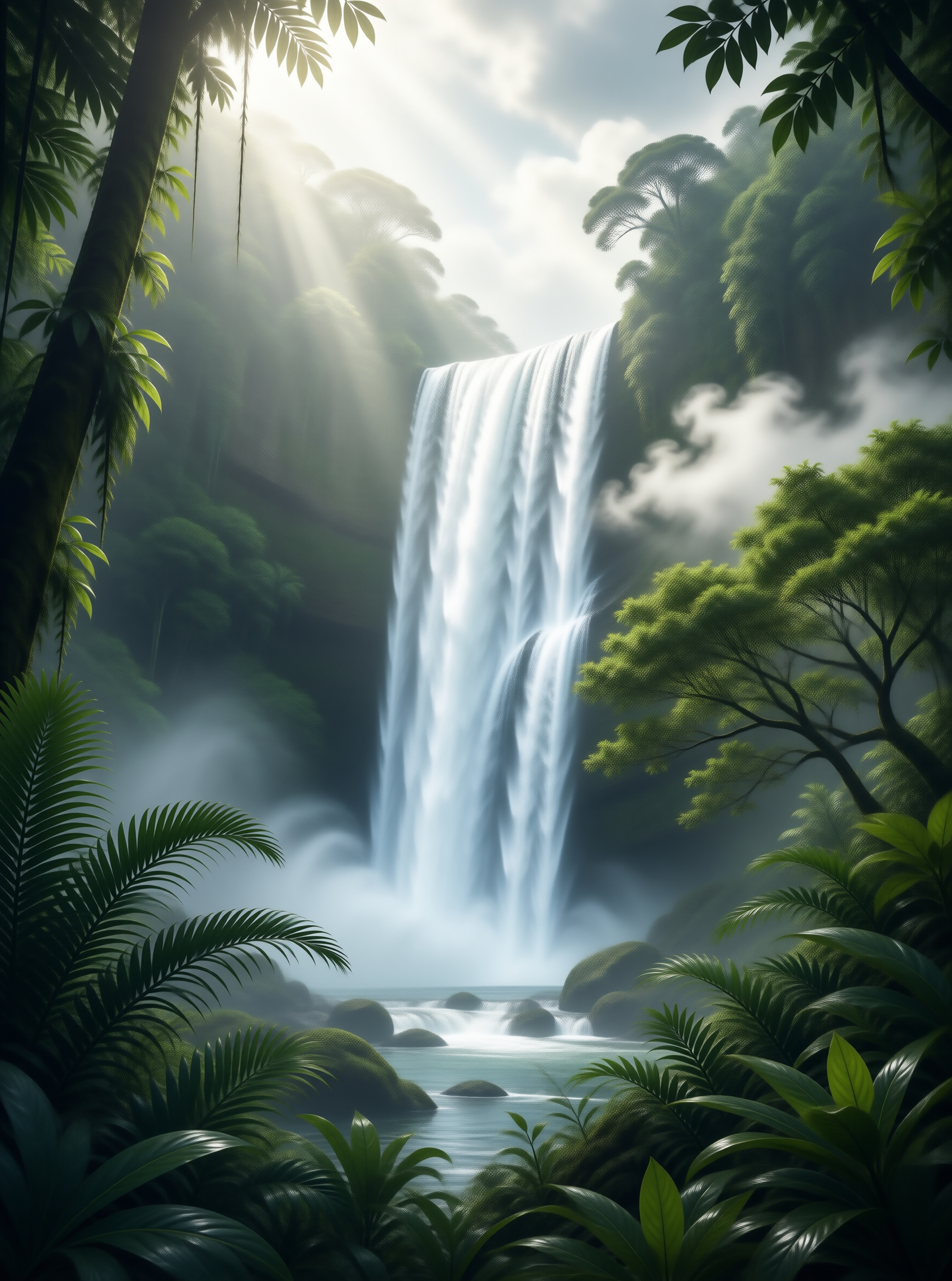 Sunlit Jungle Waterfall