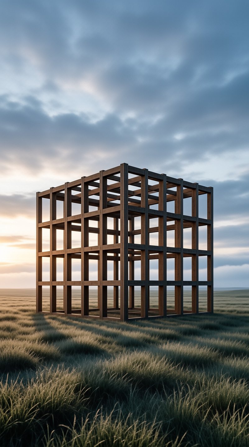 An open lattice of wooden beams forms a hollow cube in a windswept meadow beneath a soft cloudy dusk sky.