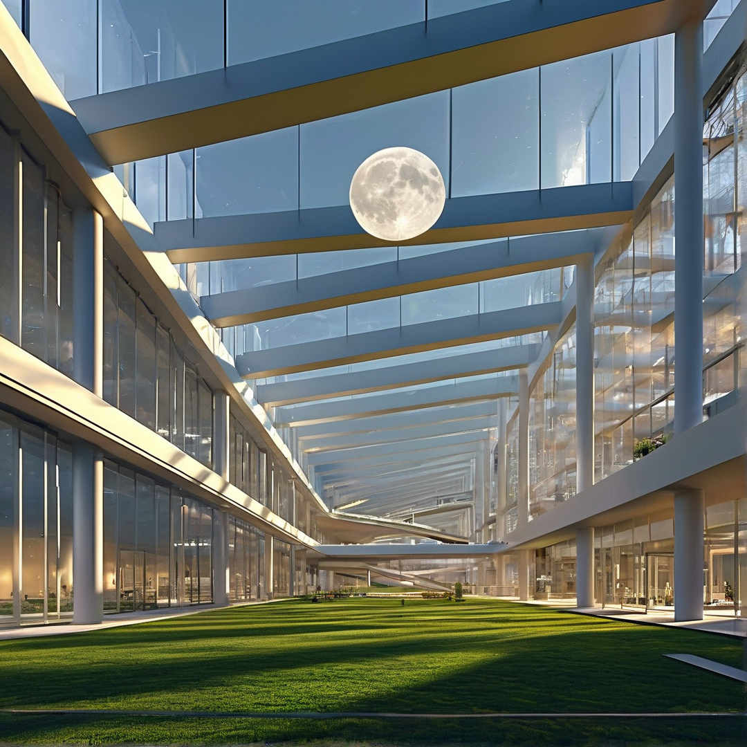 Modern Glass Atrium with Moon