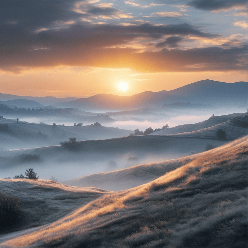 Sunrise Over Misty Hills