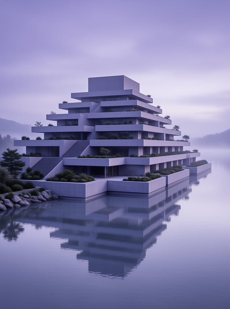 A tiered modernist building of pale concrete terraces planted with shrubs stands in calm water under a soft violet dusk sky.