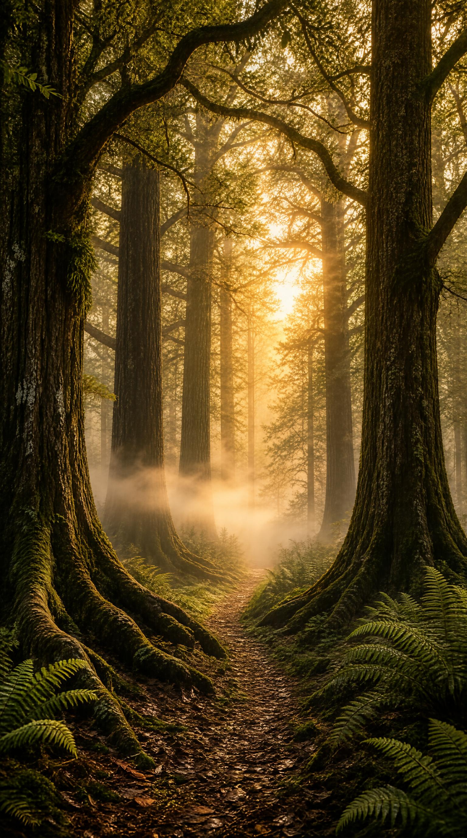 Sunlit Forest Path Through Mist
