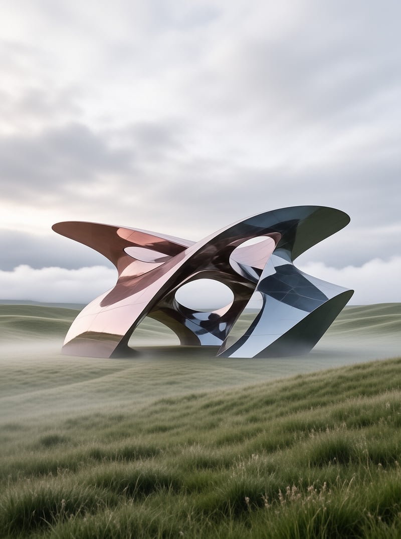A polished metallic abstract sculpture with sweeping curves and round openings stands in a foggy green meadow