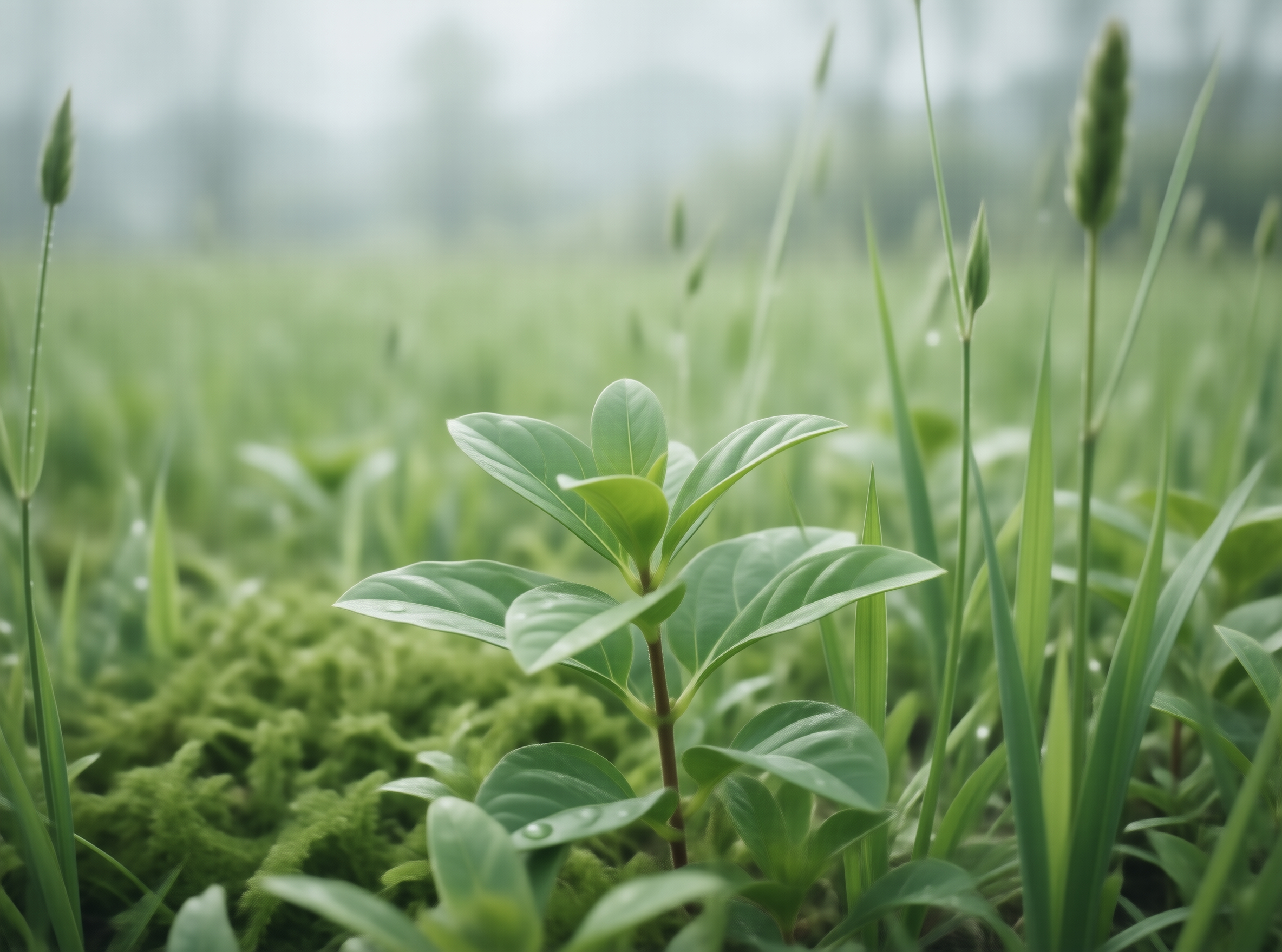 Fresh Sapling in Misty Grass