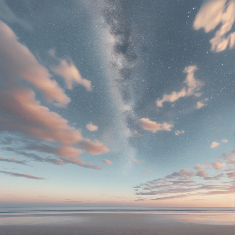 The galactic core rises vertically above a flat reflective landscape while pink clouds scatter across the blue evening sky.