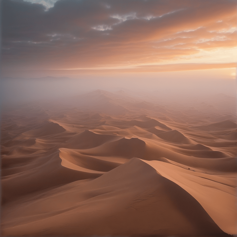 A wide expanse of rippling desert sand dunes stretches toward the horizon under a sky filled with soft orange clouds during the golden hour