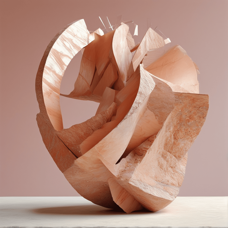 Petal-like curls of carved pale wood form a rose shape against a soft pink studio wall with gentle directional light.