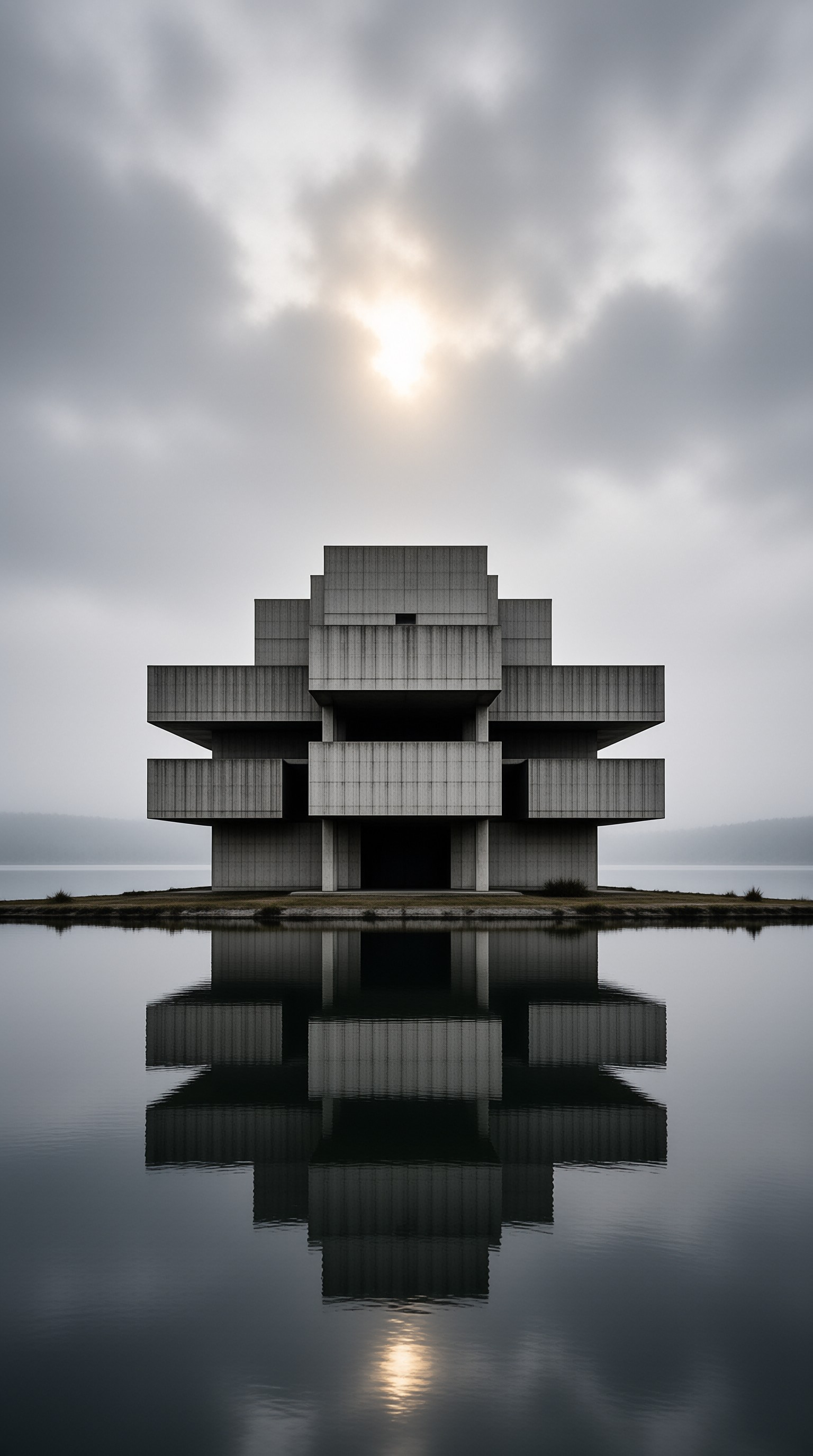 A large geometric concrete building stands on a small island surrounded by calm water with the sun shining through clouds above