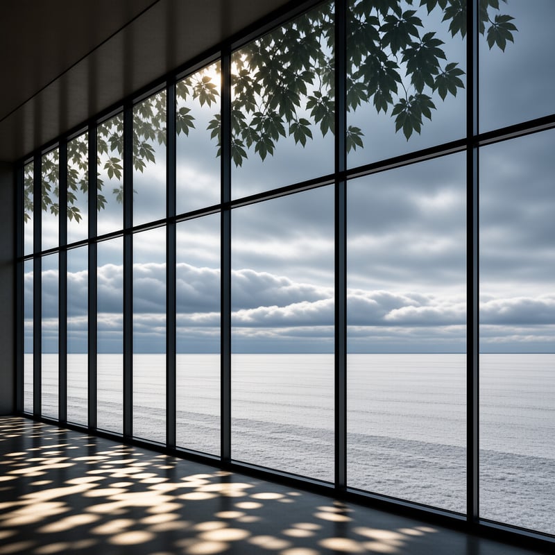 Framed panes overlook a bright expanse under grey skies while light casts shadows on the floor.