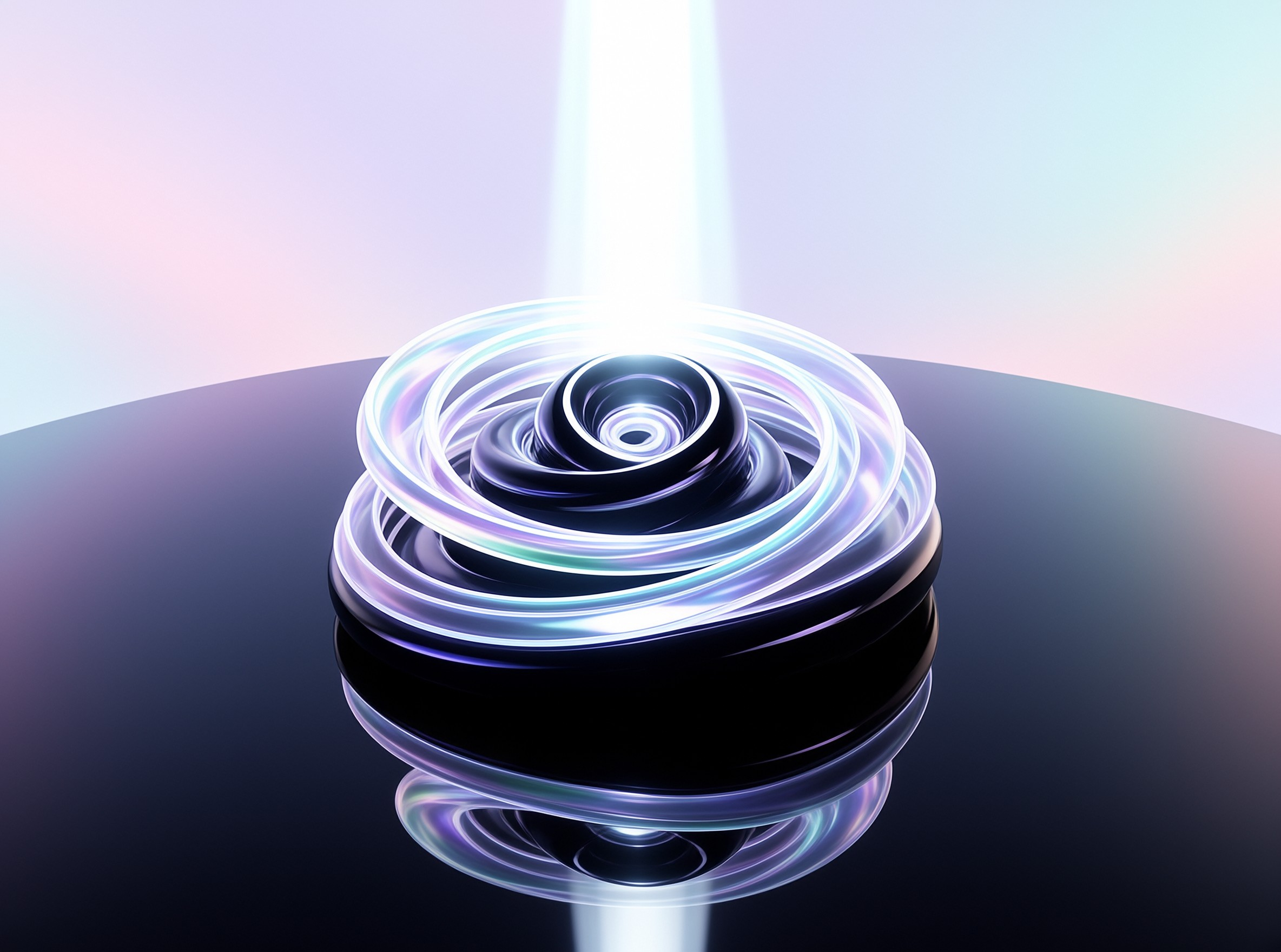Glossy coiled form with glowing concentric rings floats on a dark reflective plane beneath a vertical light column and pastel sky