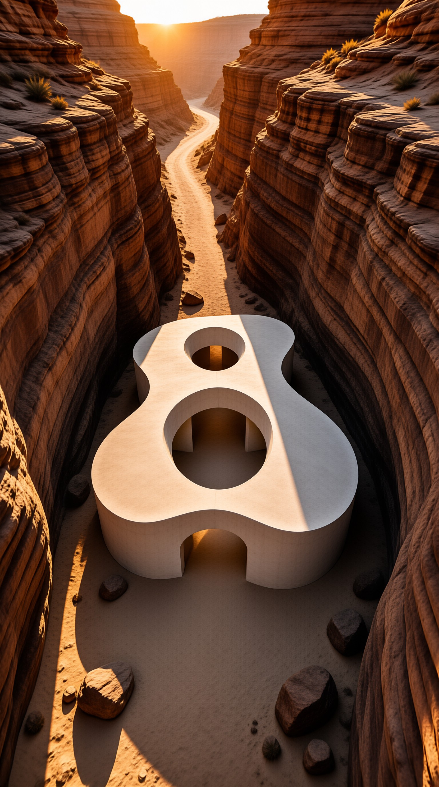 A smooth white geometric building stands in a sandy gorge surrounded by layered red cliffs bathed in warm light.