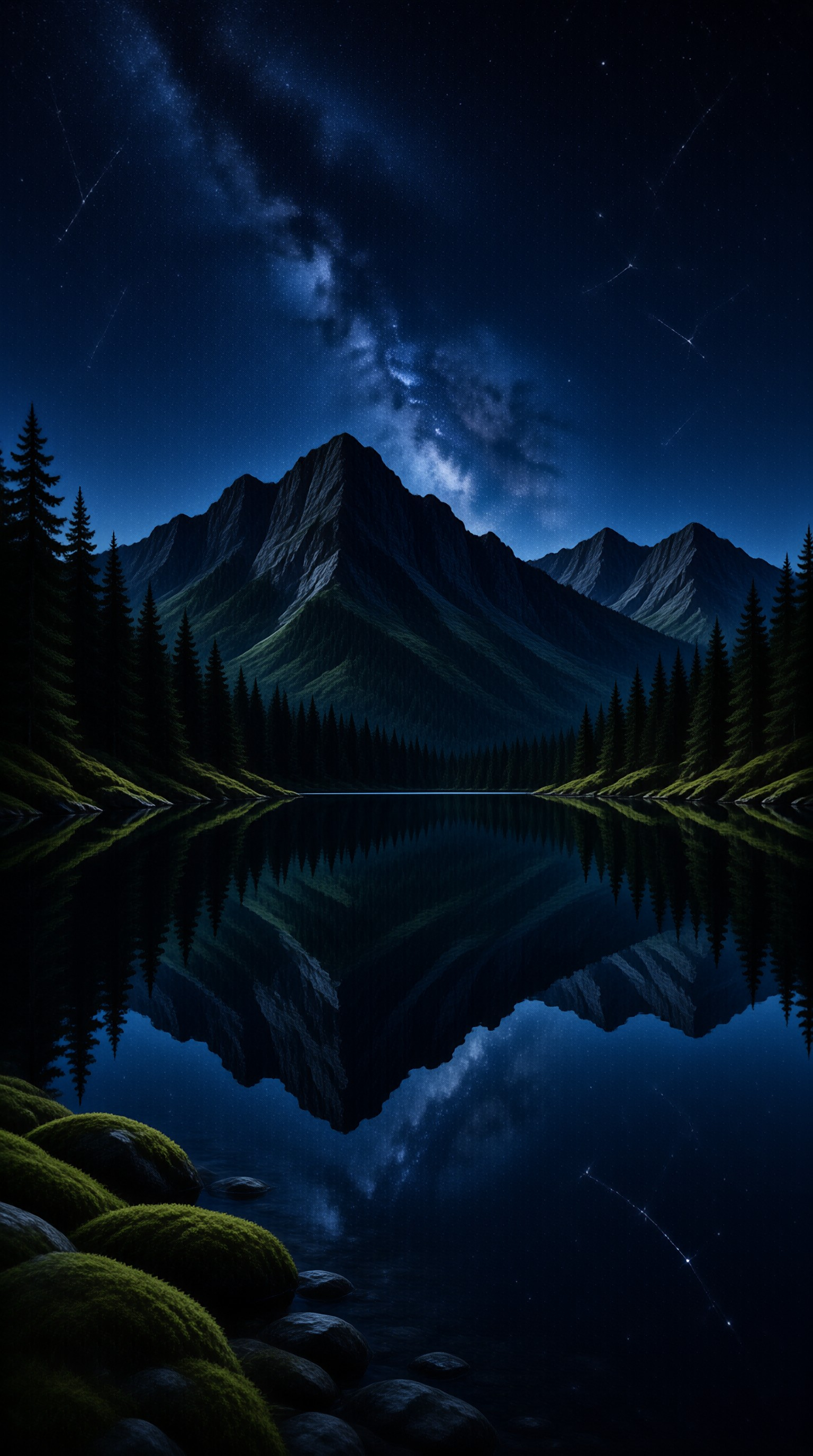 Towering rocky peaks stand against a starry sky while a still lake mirrors the forest.